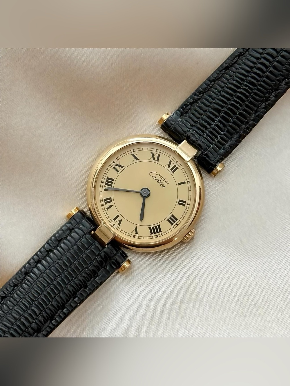 AUTHENTIC VINTAGE CARTIER BLACK LEATHER WATCH - WITH BOX - Picture 2 of 7